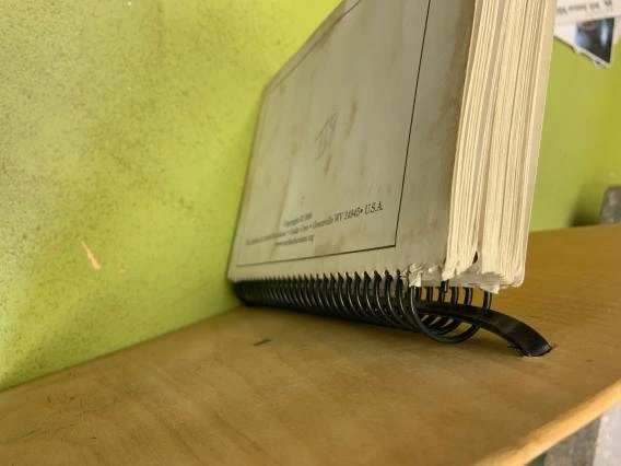 closed guidebook on a shelf