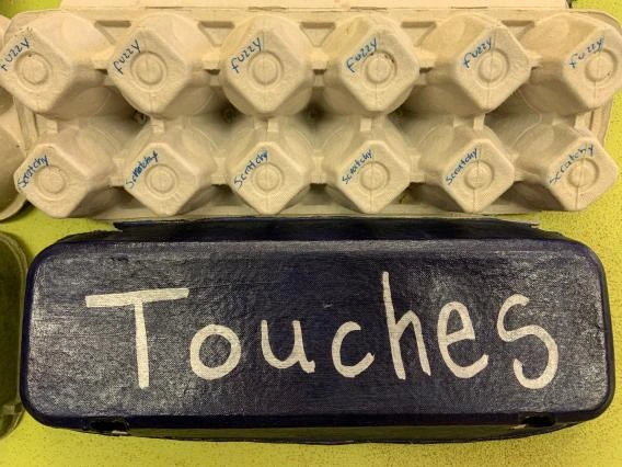 Sample touch carton labeled with fuzzy and scratchy words.